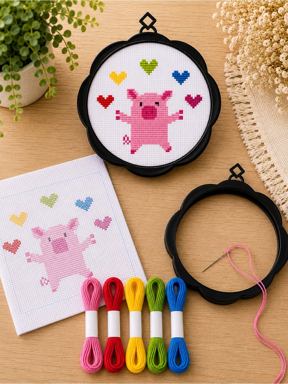 Little Pig Cross Stitch Kit – Stamped Beginner Cross Stitch Kit with Frame
